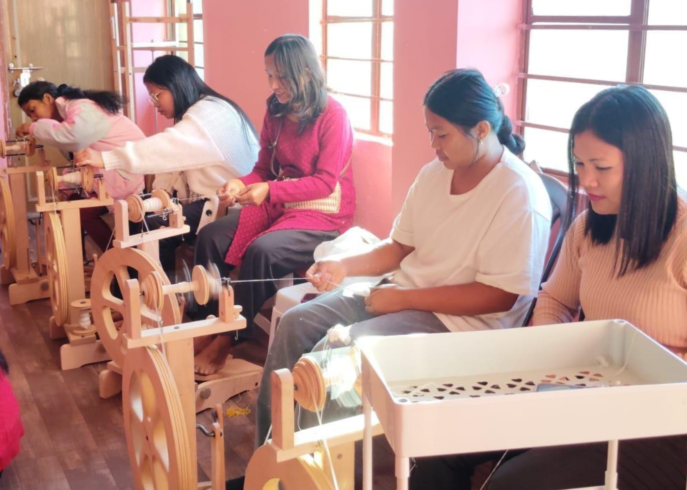 Women engaged in spinning and weaving for livelihood